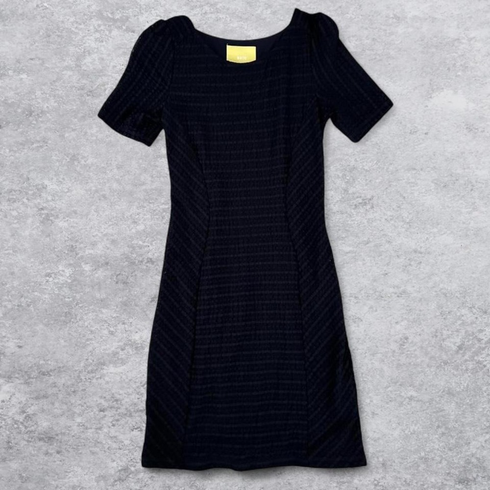 Maeve Anthropologie Navy‎ Blue Textured Grid Sheath Dress Short Sleeve Small